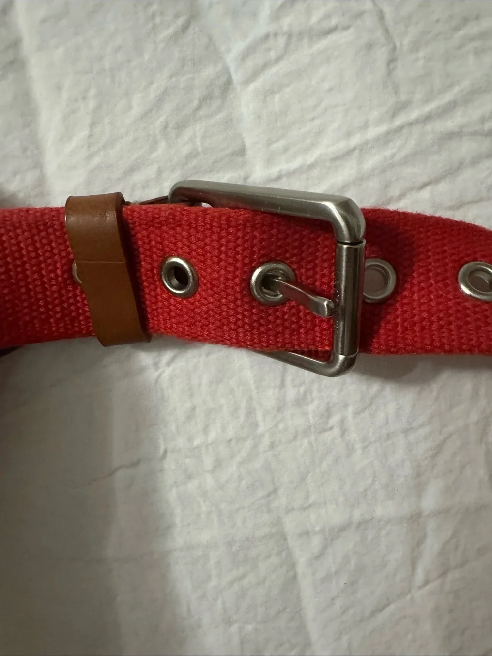 Lacoste Red Canvas Belt with Brown Leather Loop and Silver Buckle